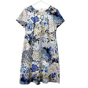 Talbots Botanical Garden Floral Sheath Dress Cream Blue Lined Womens 8
